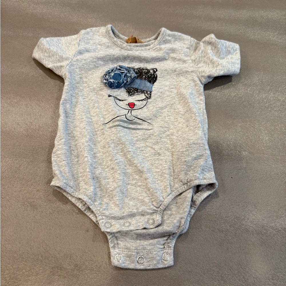 Gray Baby One Piece with Cute Design. Size 9 months